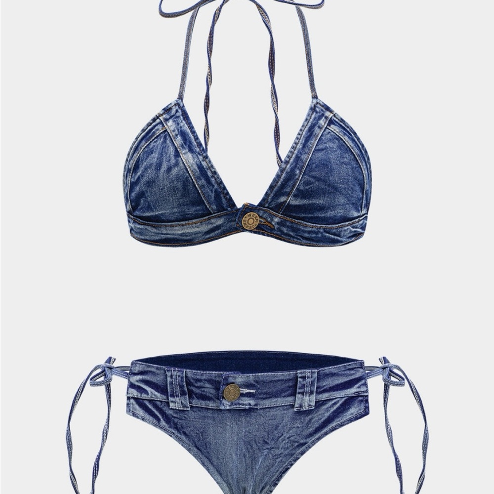 Blue Denim-Style Bikini with Adjustable Ties